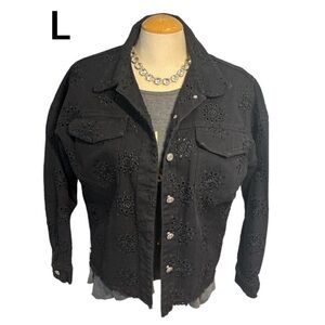 OCCULT Black Denim Jean Jacket Size Large Eyelet Cut Outs